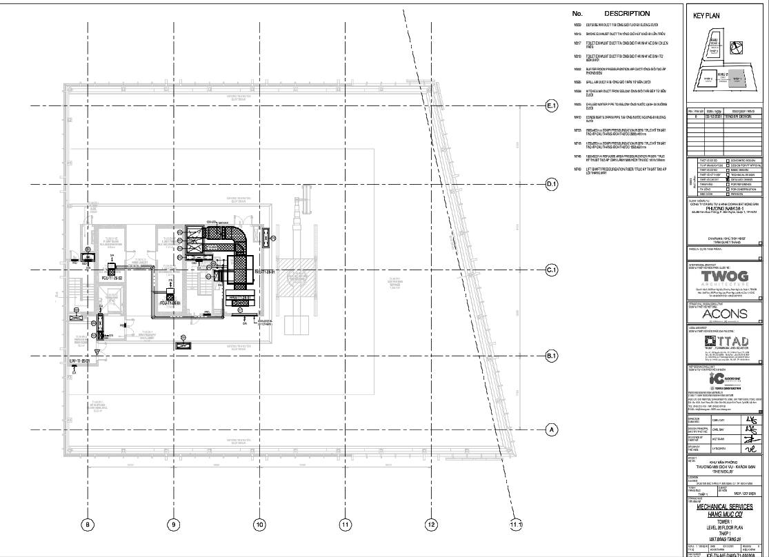 Level 26 Mechanical Services Layout with Duct Sizes and Equipment