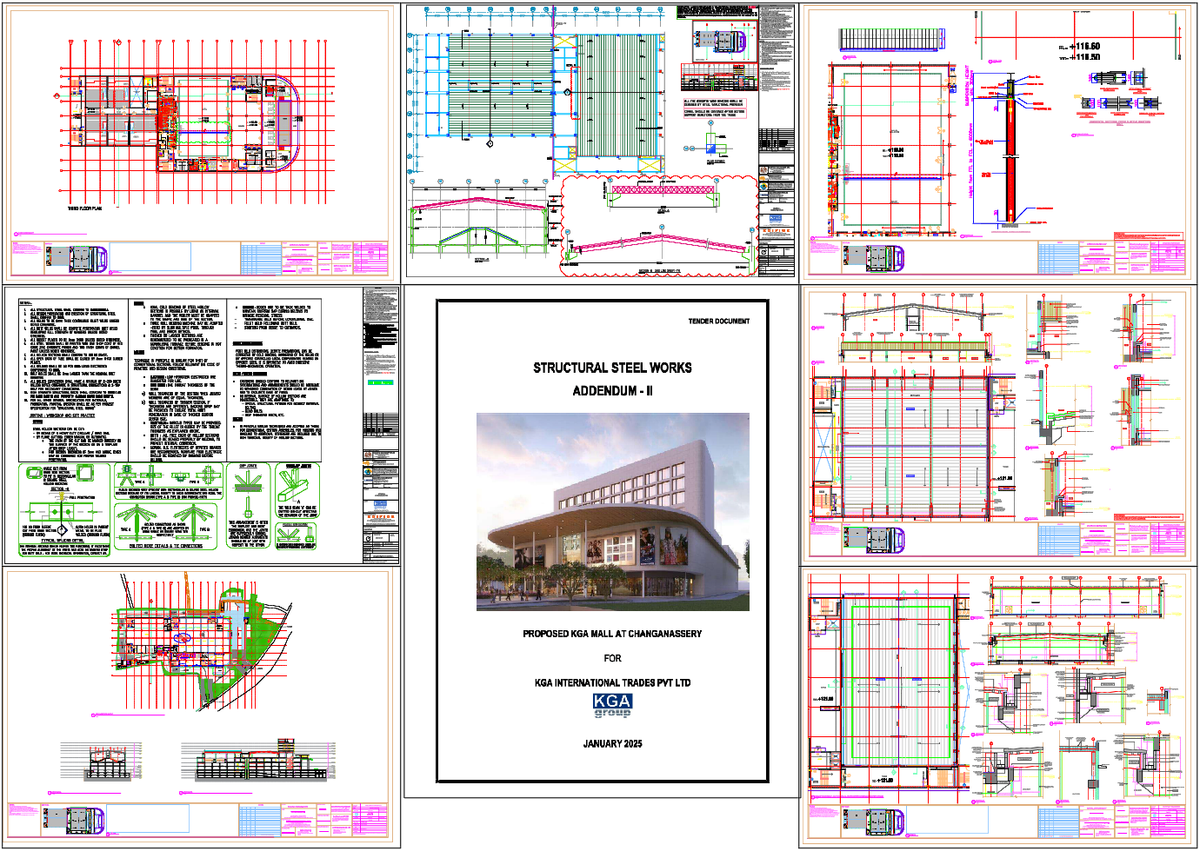 Mall layout DWG plan with structural roof and commercial HVAC details