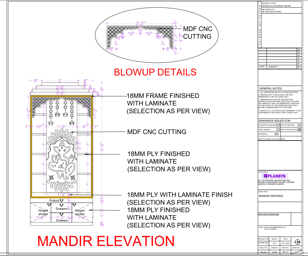 Mandir Elevation Drawing with 18mm Ply MDF CNC Details and Sizes
