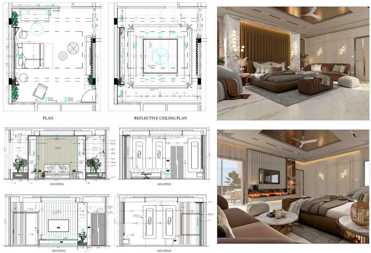 Master Bedroom Interior Drawing With Plan Elevation And Ceiling Layout
