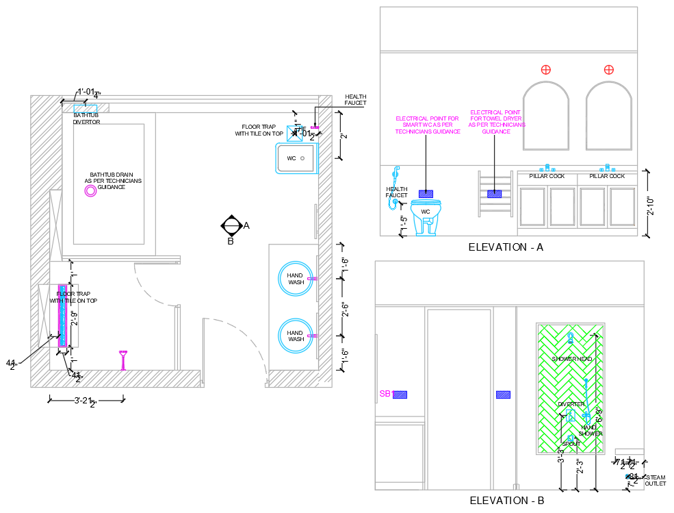 Master Bedroom Washroom Plumbing Layout With Detailed Elevations DWG