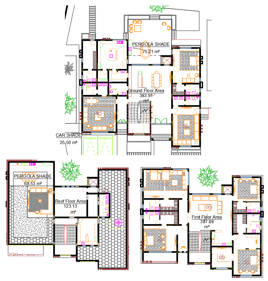 Modern residential CAD plan with 383.91 m² ground floor layout