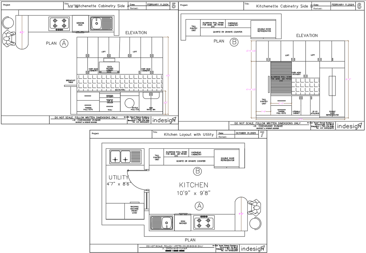 Modular Kitchen CAD Plan with Utility and Cabinet Elevation Details