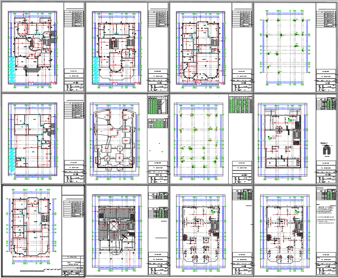 Multi-Floor Residential House Plan with Grid Dimensions and Columns