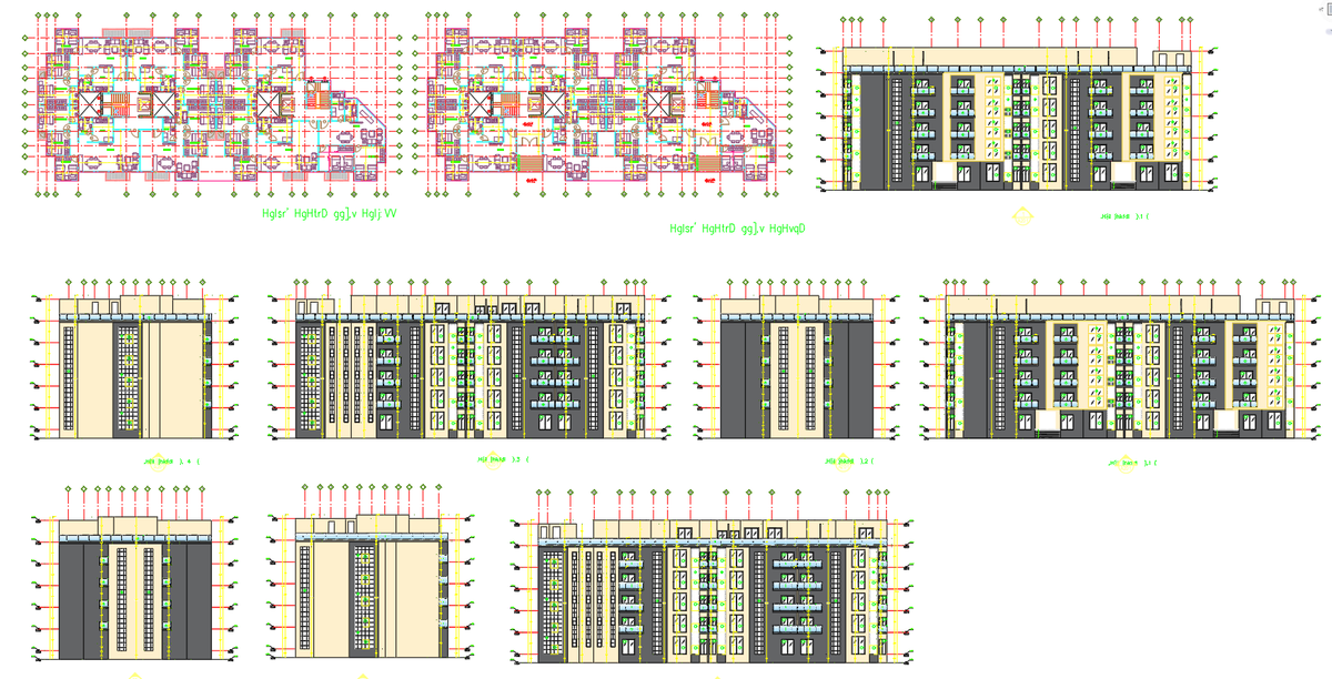 Multi Unit Residential CAD Plan with Bedroom and Kitchen Layout