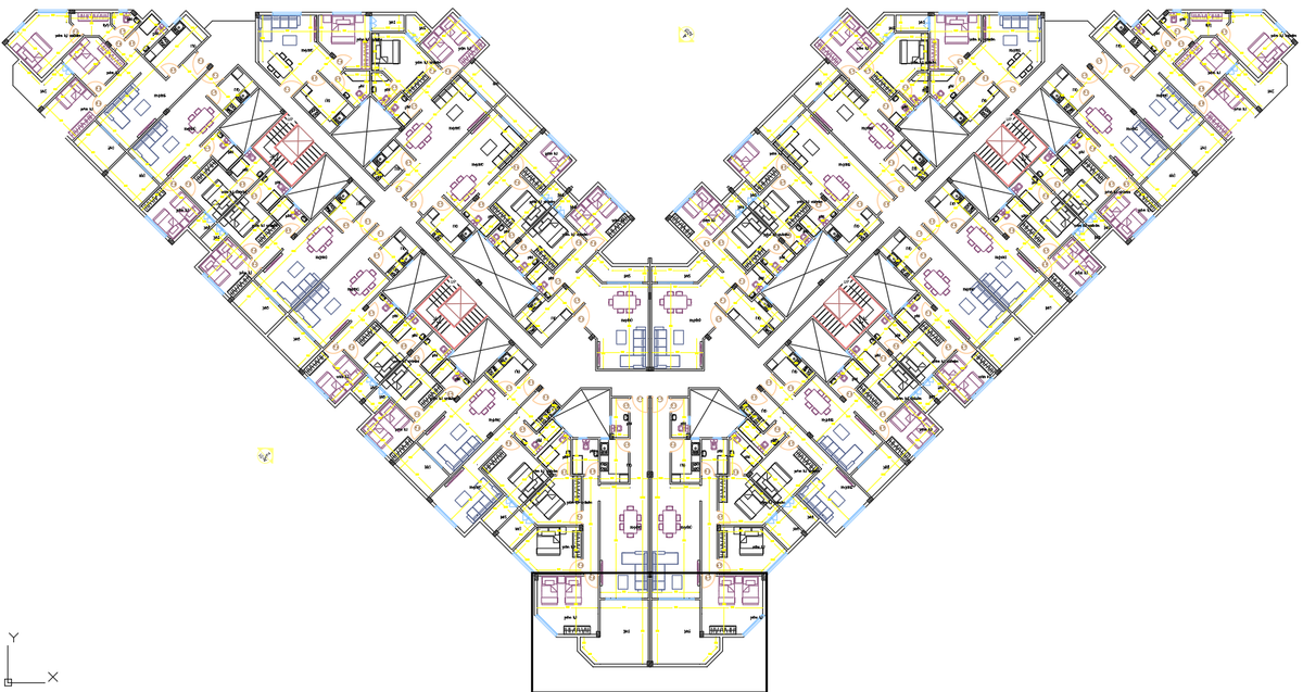 Multi-Unit Residential Floor Plan DWG with Room and Measurement Layout