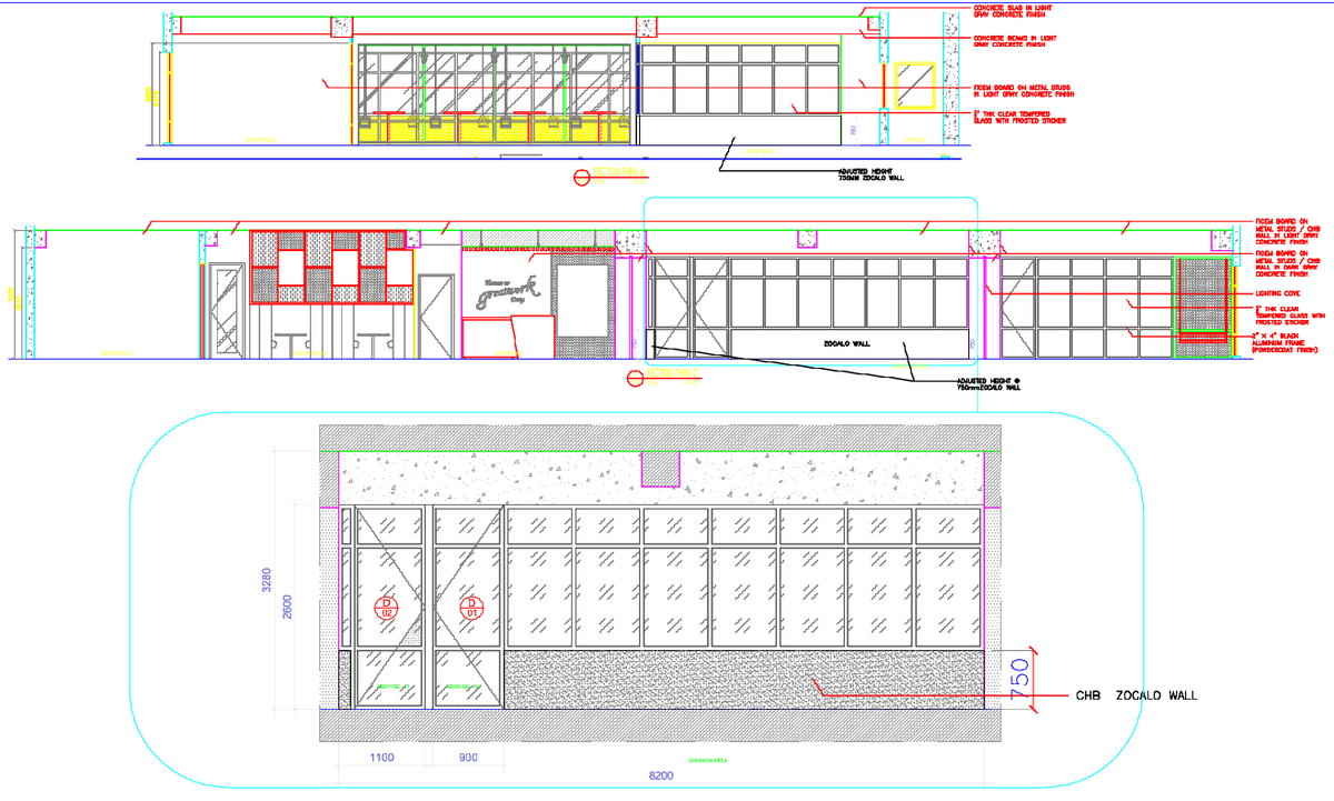 Office Interior Elevation and Section AutoCAD DWG with 8200mm Length