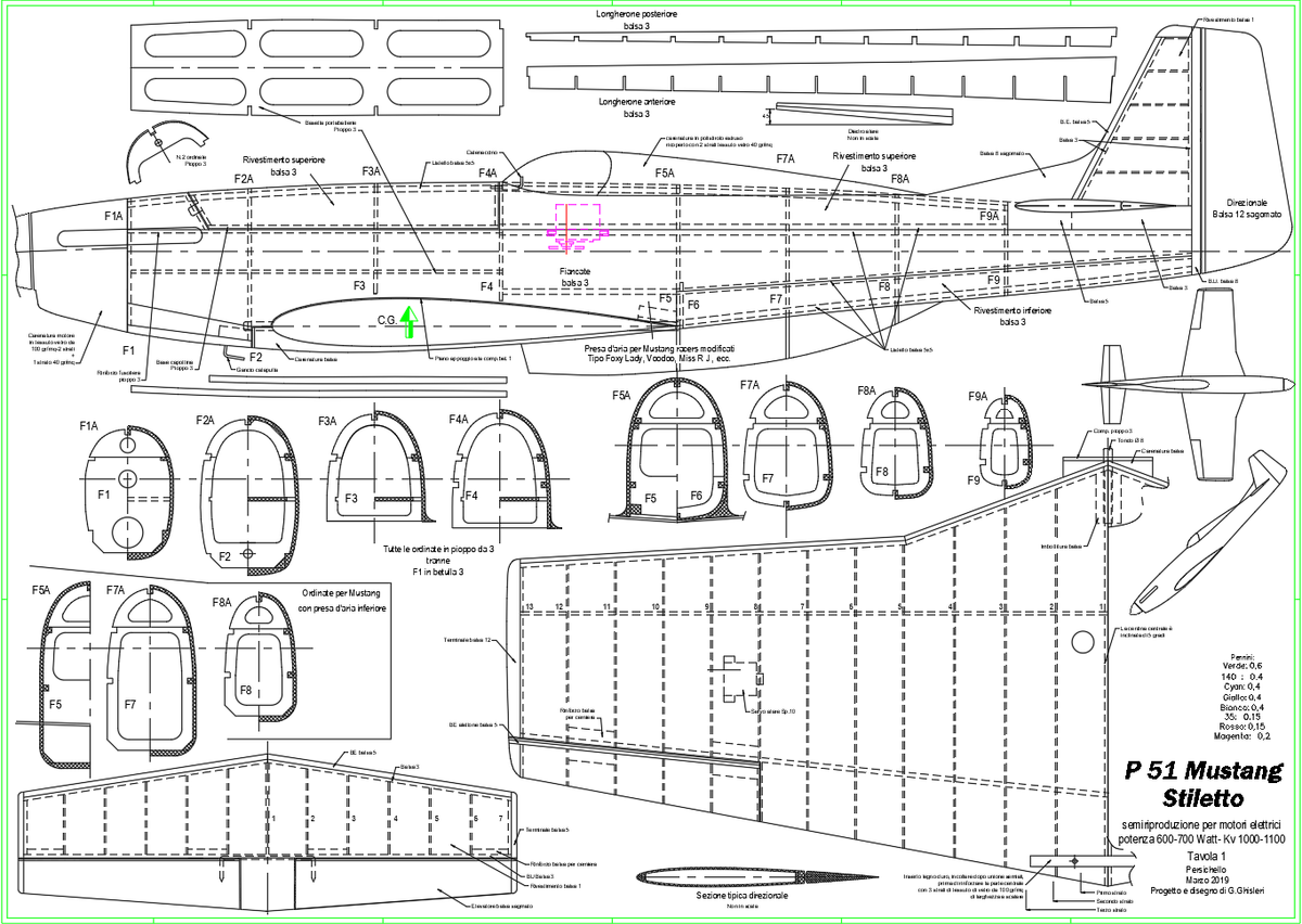 P51 Mustang Aircraft Model Plan with Full Sections and Wing Layout