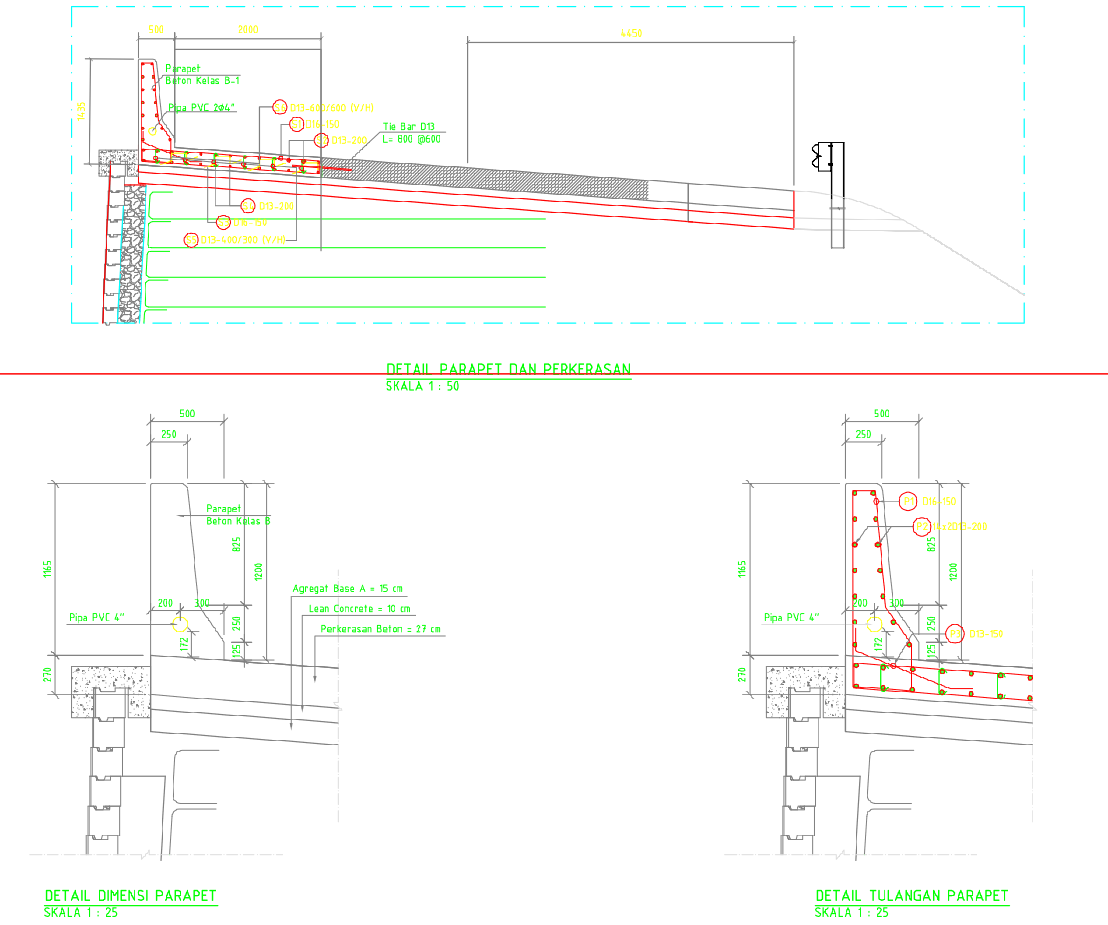 Parapet Wall And Road Pavement Reinforcement Detail AutoCAD DWG