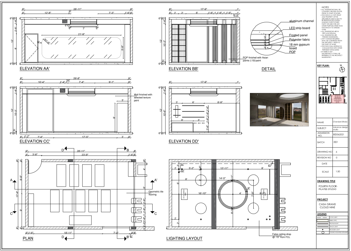 Pilates Studio Interior Layout with Elevation, Lighting, and Details