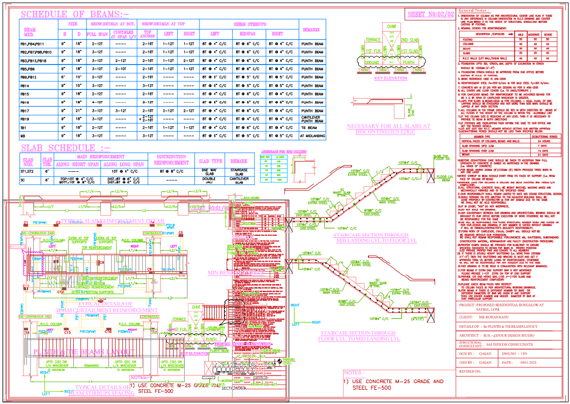 Plinth And Tie Beams Layout With Beam Sizes And Staircase Details
