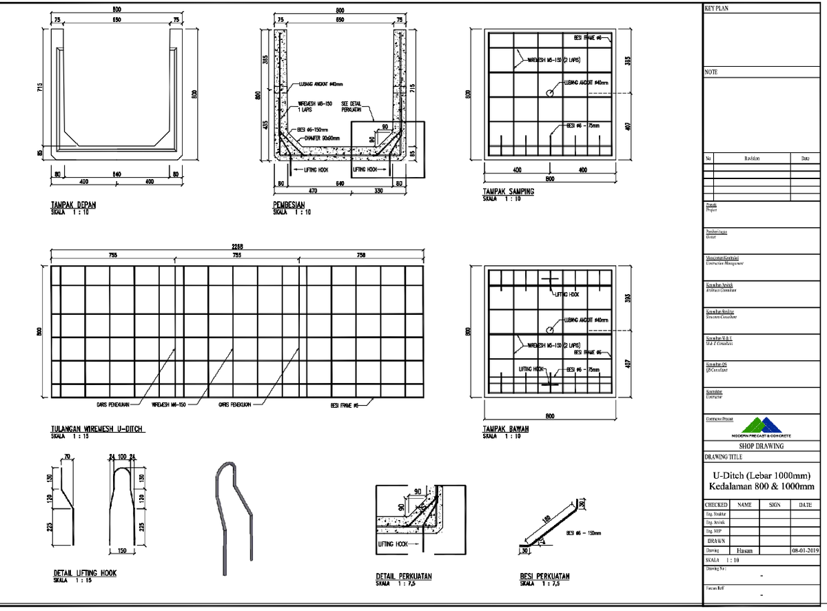 Precast U Ditch Drain 1000mm Width 800–1000mm Depth DWG file