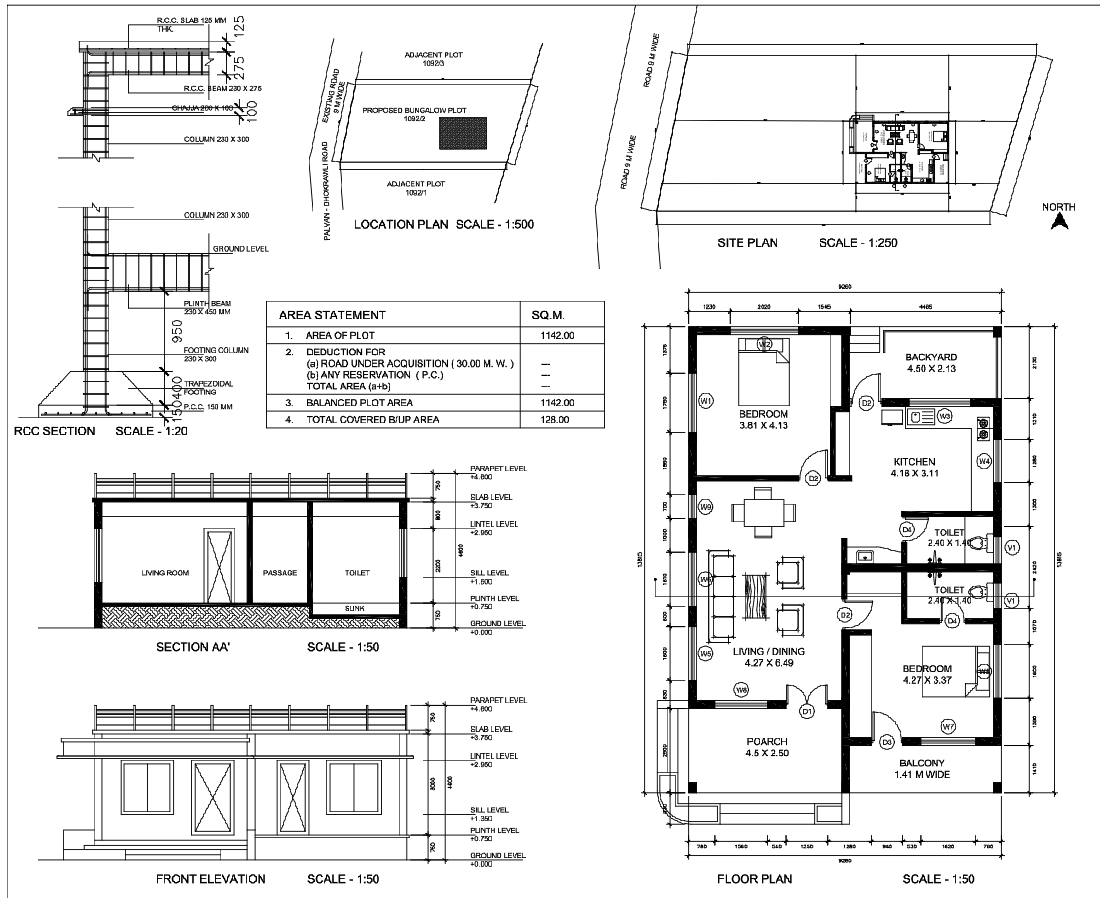 Private Villa Ground Floor Plan with Elevation Sections and RCC