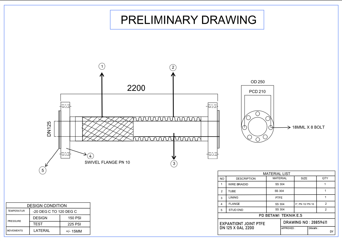 DN 125 PTFE Expansion Joint Drawing with OAL 2200 and PN10 Flange