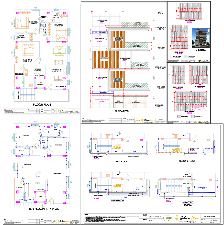 Residential Apartment Floor Plan With Elevation And Brick Marking