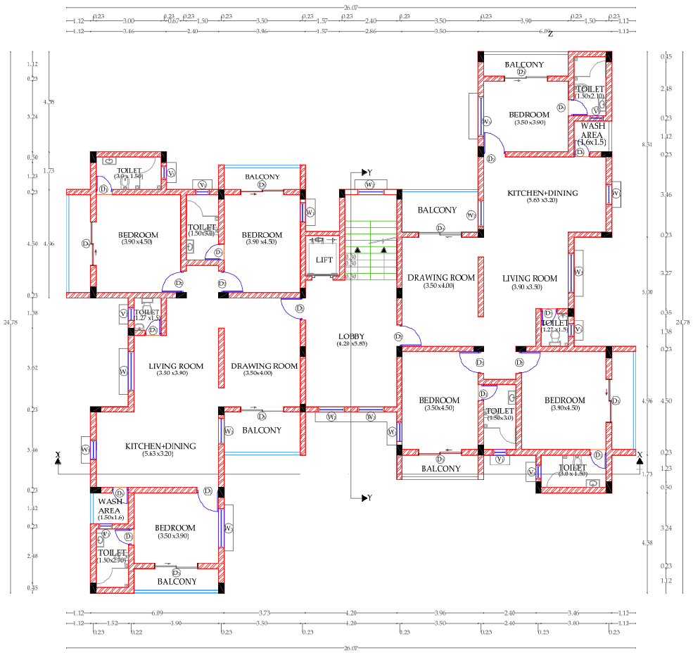 Residential Apartment Floor Plan with Lift Balcony DWG Drawing