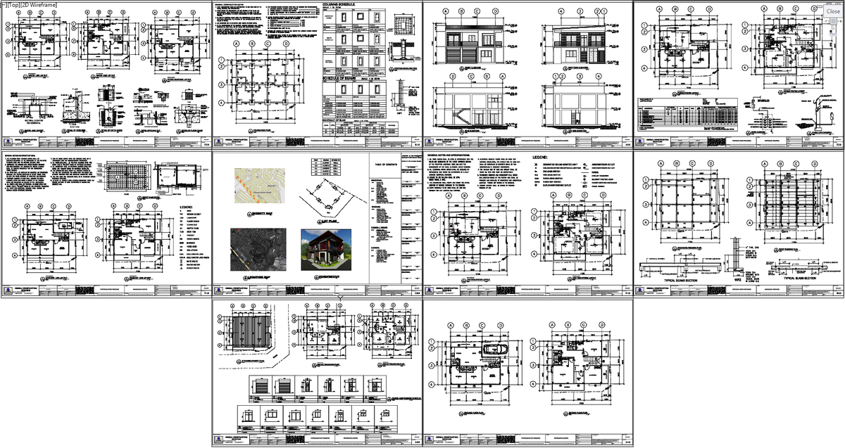 Residential Building Layout Plan with Sections and Elevations