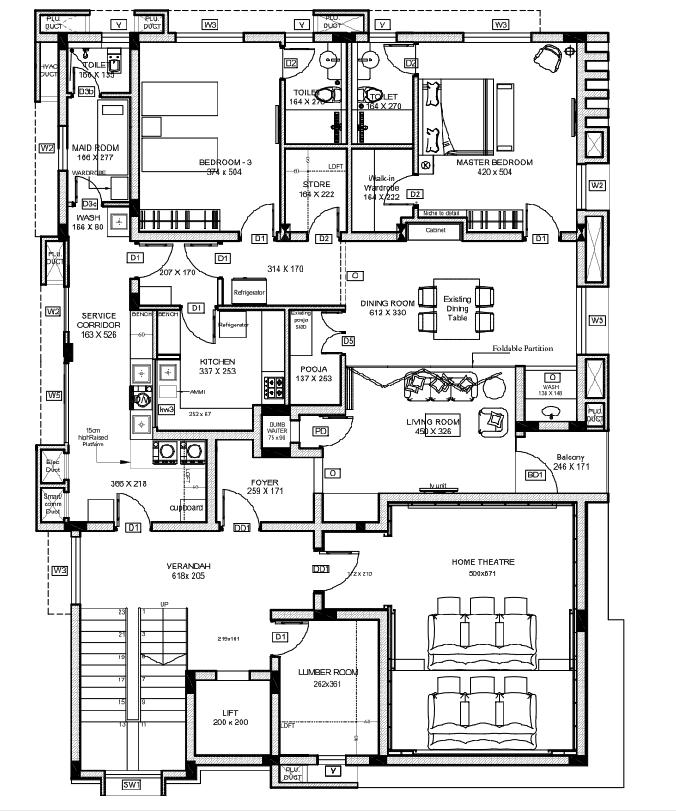 Residential First Floor Layout with Room Sizes, Home Theatre Plan