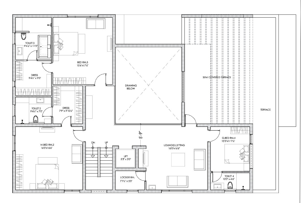 Residential First Floor Plan Drawing With Room Sizes And Layout