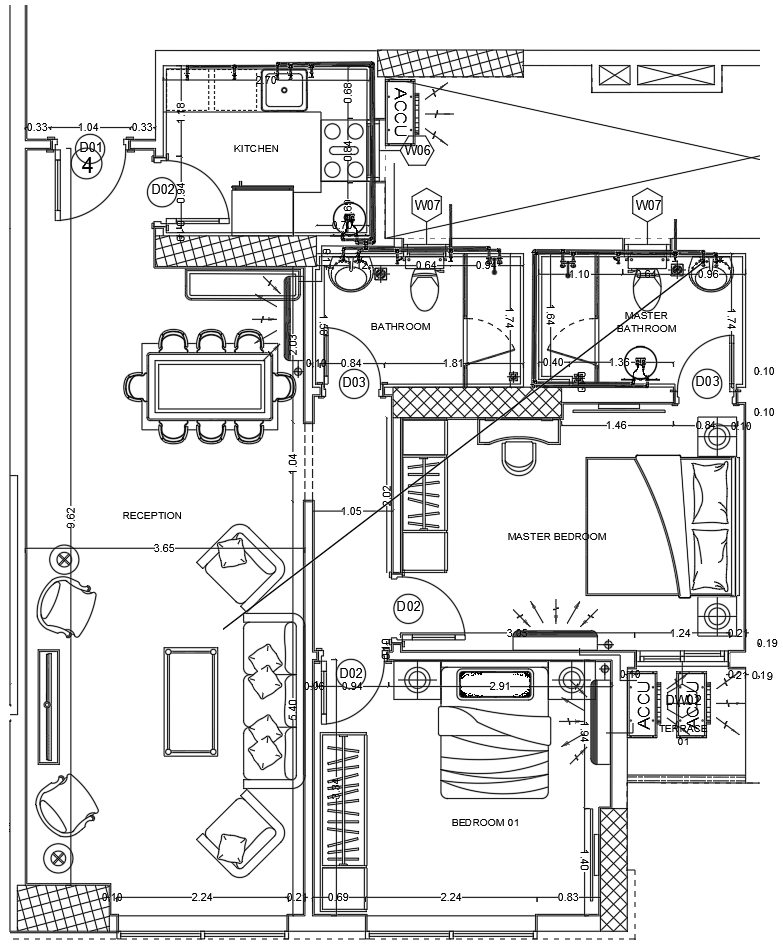 Residential Floor Plan AutoCAD DWG with Reception Kitchen and Bedrooms