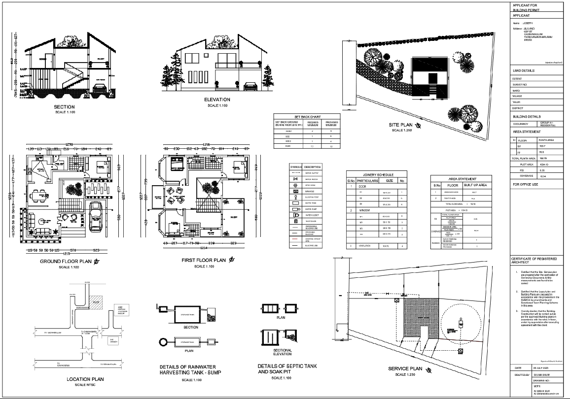 Residential House Architectural Plan With Site Section And Services