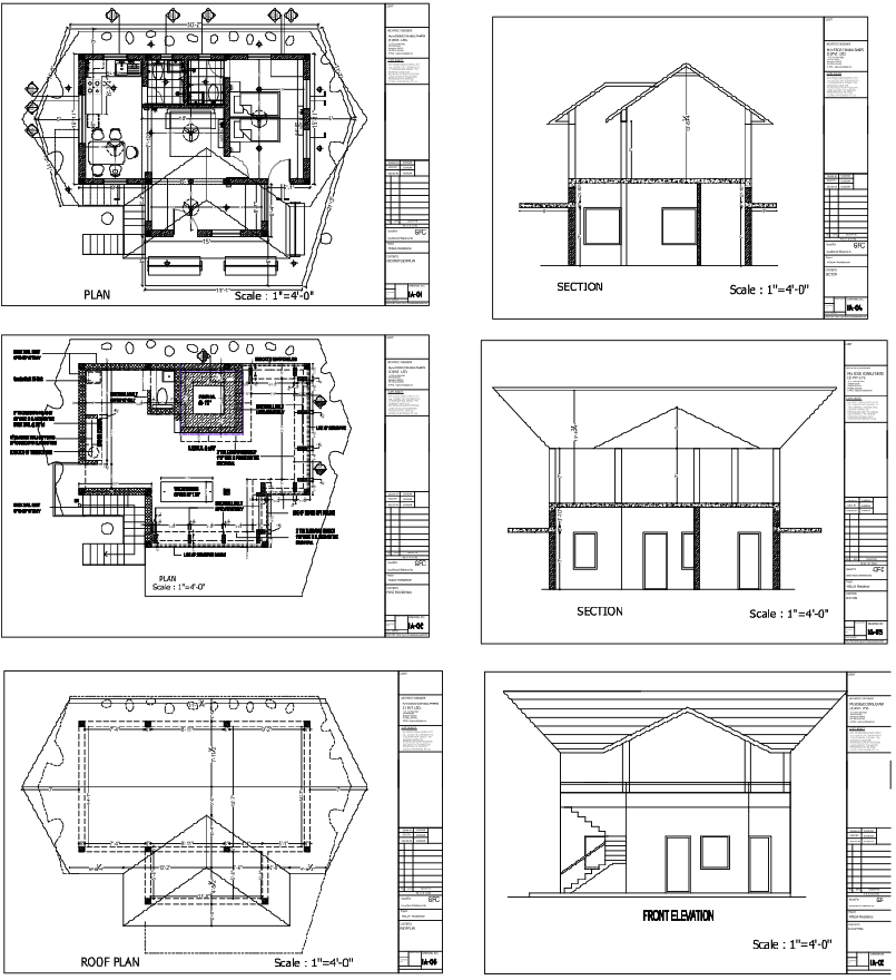 Residential House Plan Sections Elevation And Roof Layout DWG
