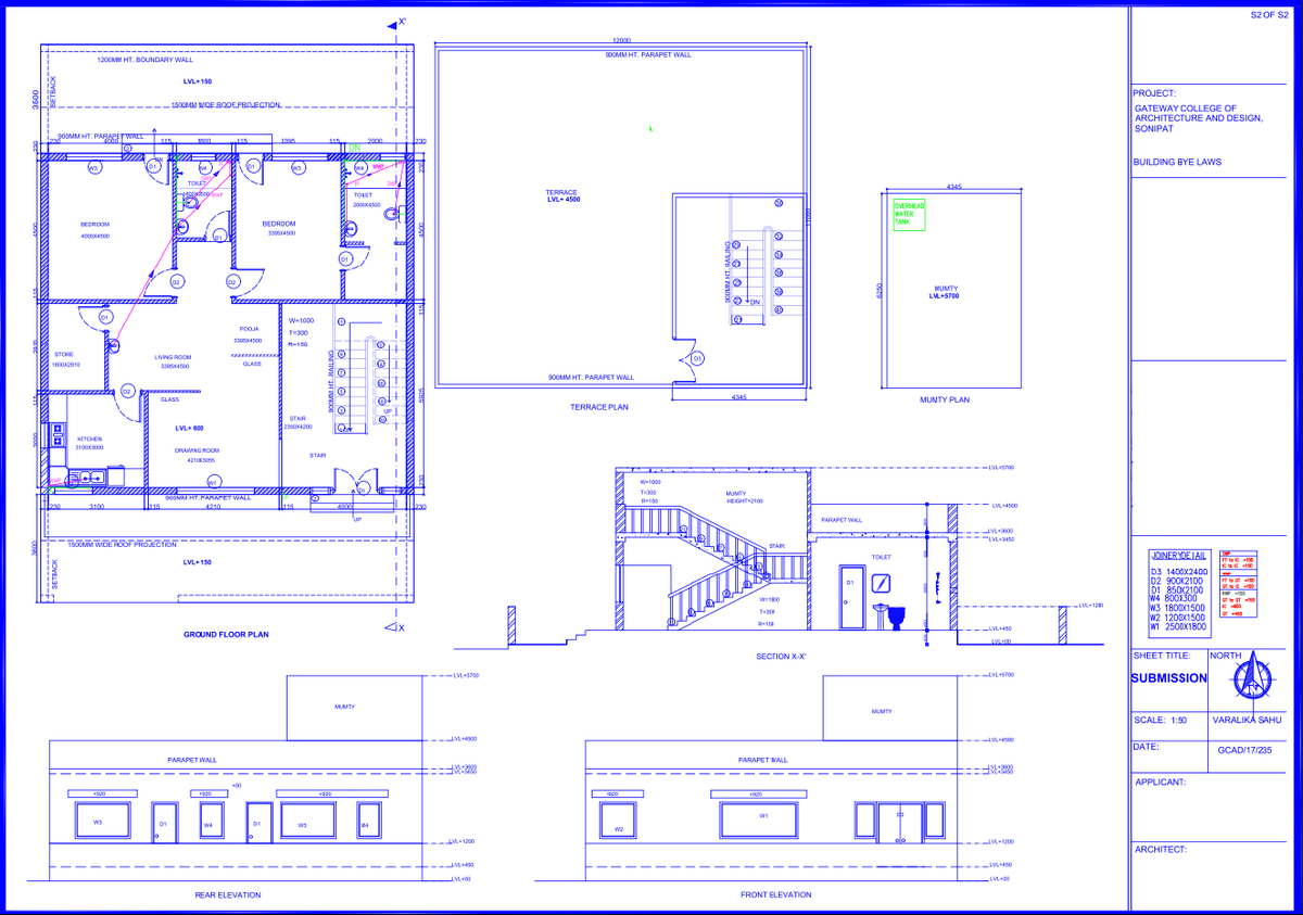 Residential House Plan With Ground Floor Terrace Mumty Elevation DWG