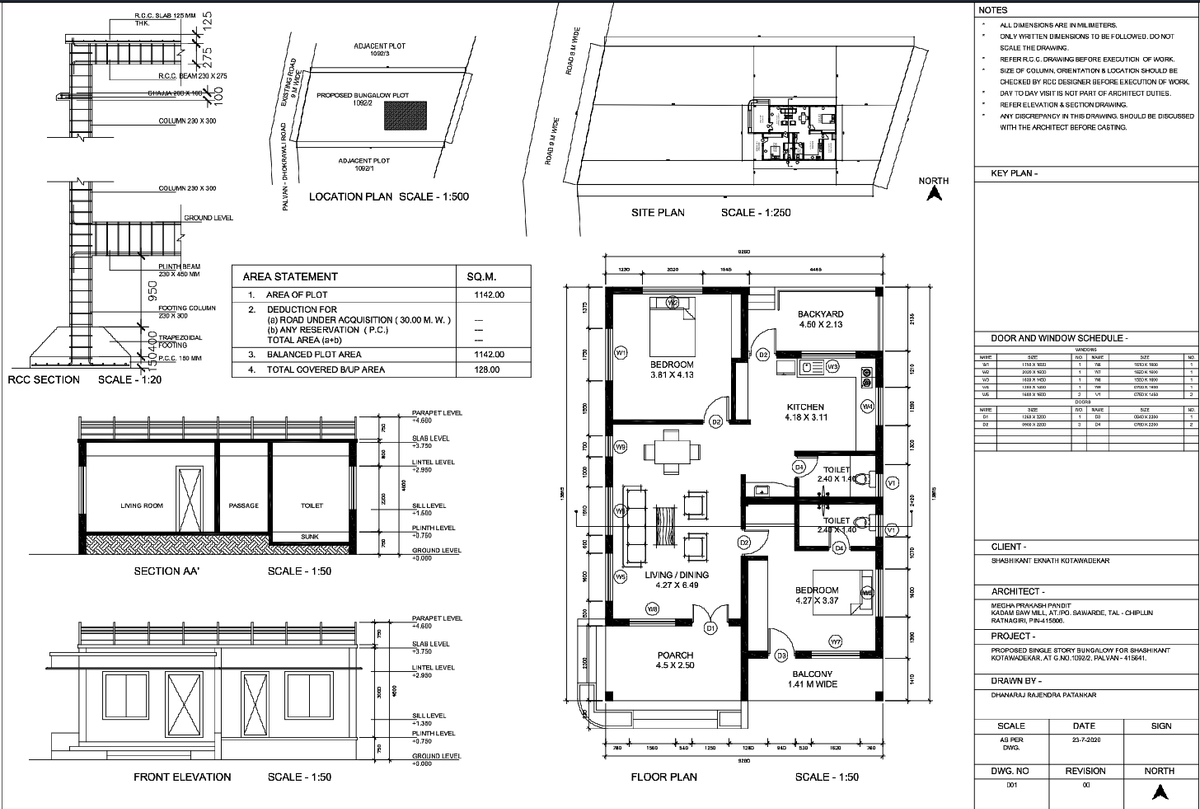 Residential Single Floor Bungalow Plan with Elevation and RCC Details