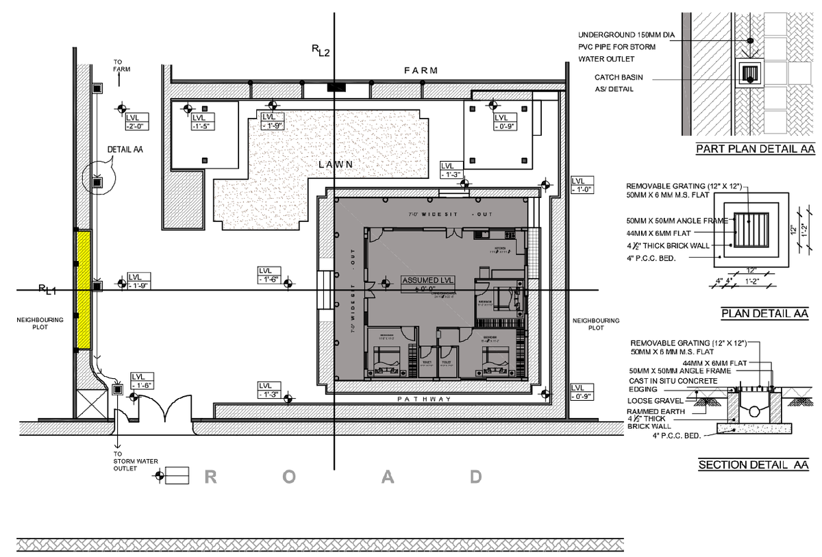Residential Site Layout Plan with Levels, Lawn Pathway, and Drainage