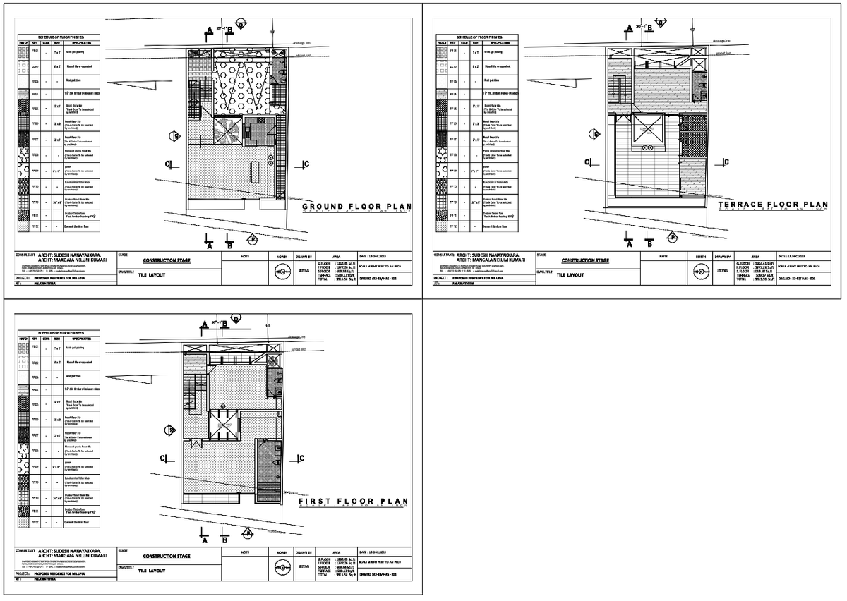 Residential Tile Layout Drawing With Ground First Terrace Floor Plans