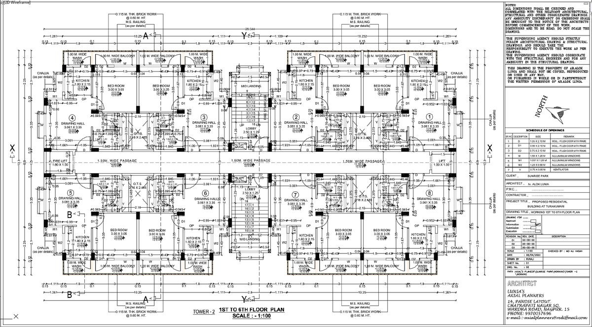 Residential Tower Floor Plan with 3.00x3.05 Bedrooms and 1.50M Passage