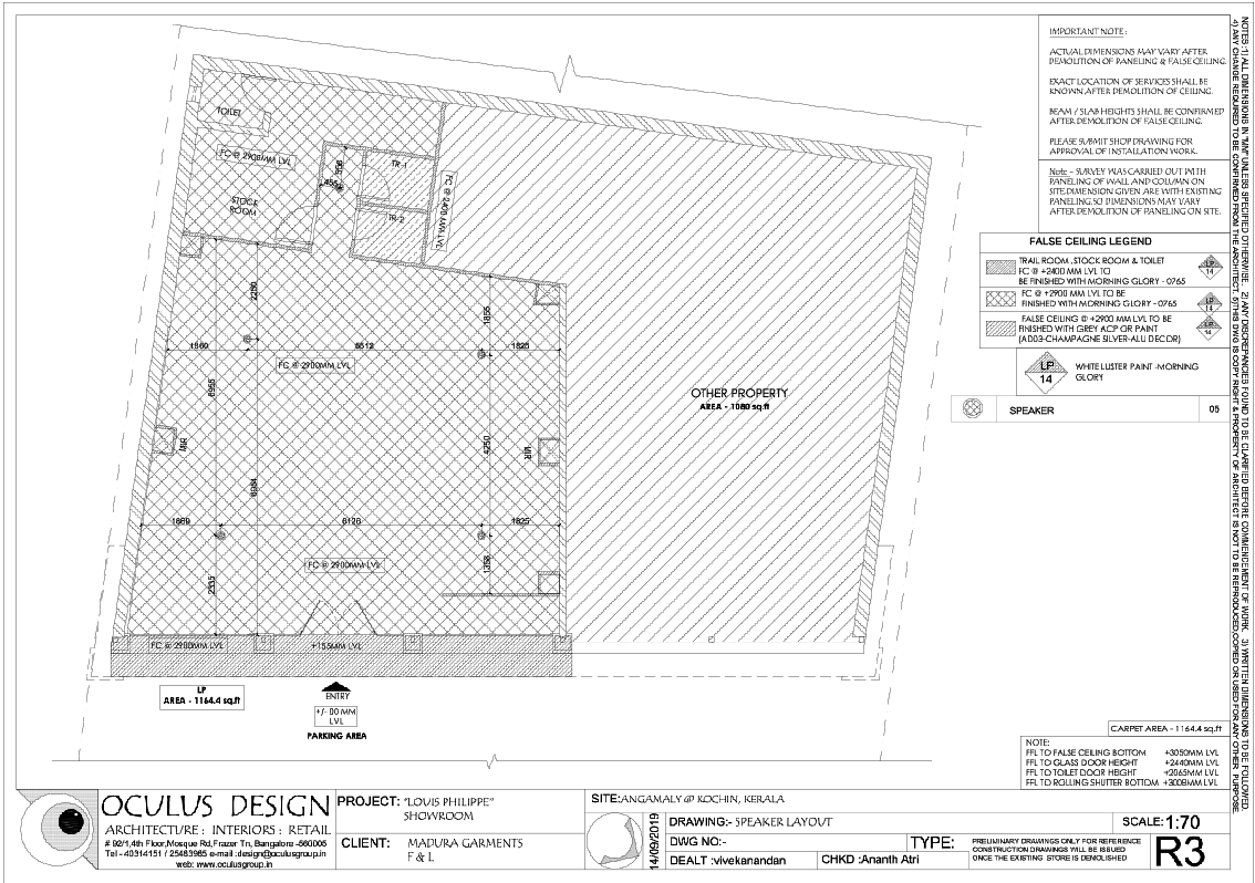 Retail Speaker Layout Plan with 1164 Sqft Area and Ceiling Levels
