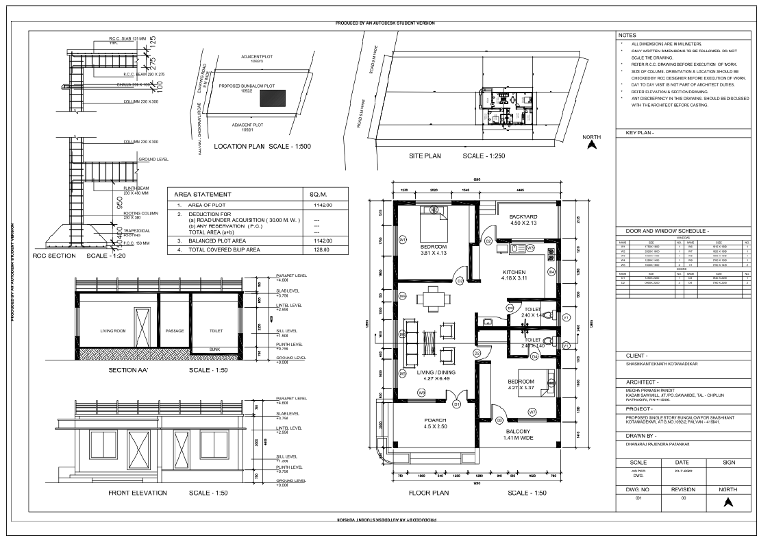 Single Storey Bungalow DWG with Floor Plan Section and Elevation