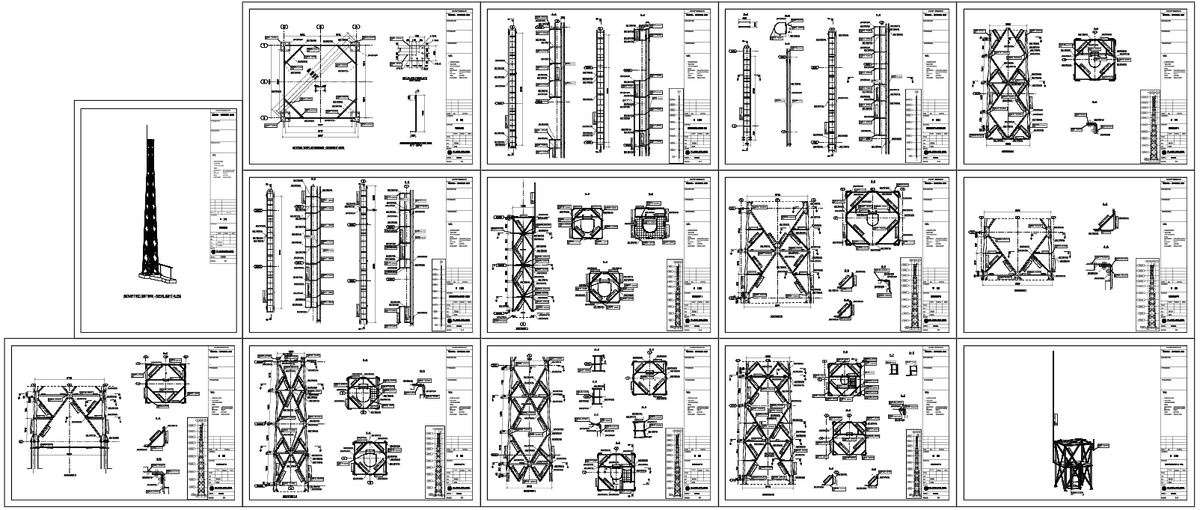 Steel Lattice Tower Structural AutoCAD Drawing With Sections And Sizes