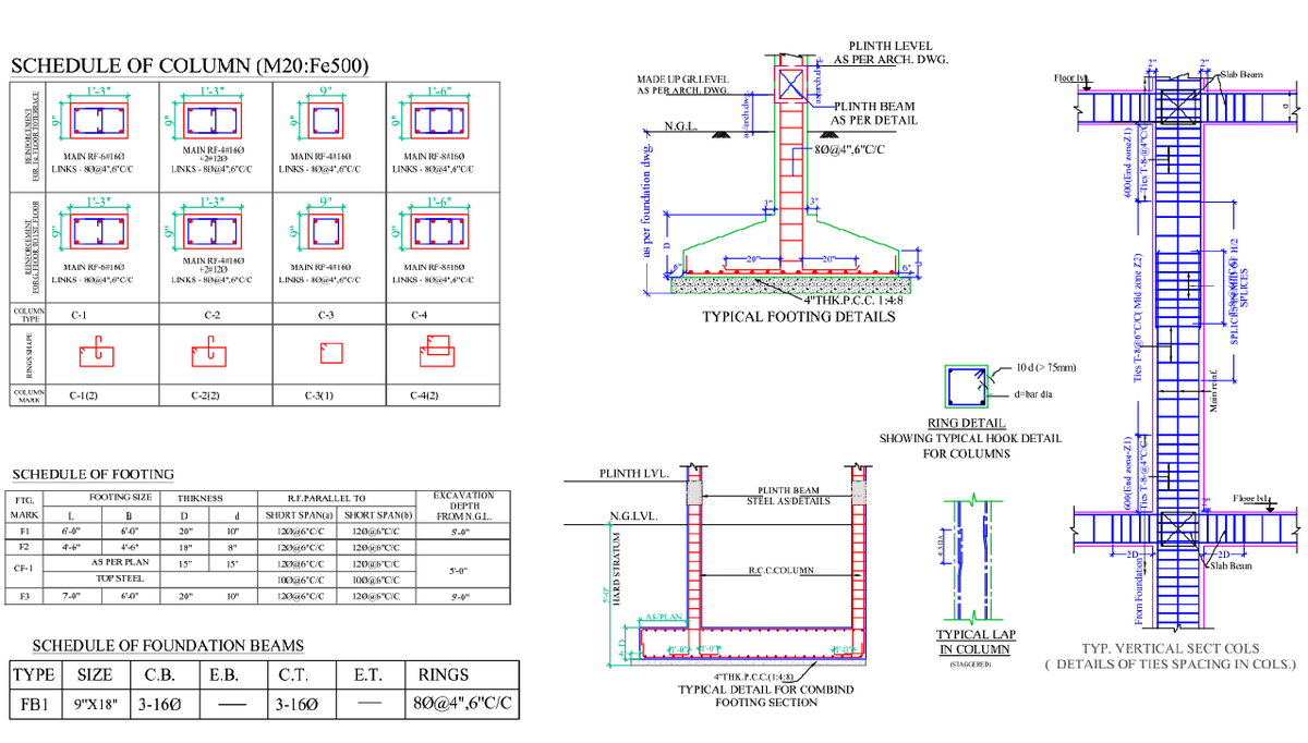 Structural Column Footing Foundation Drawing With M20 Fe500 Details