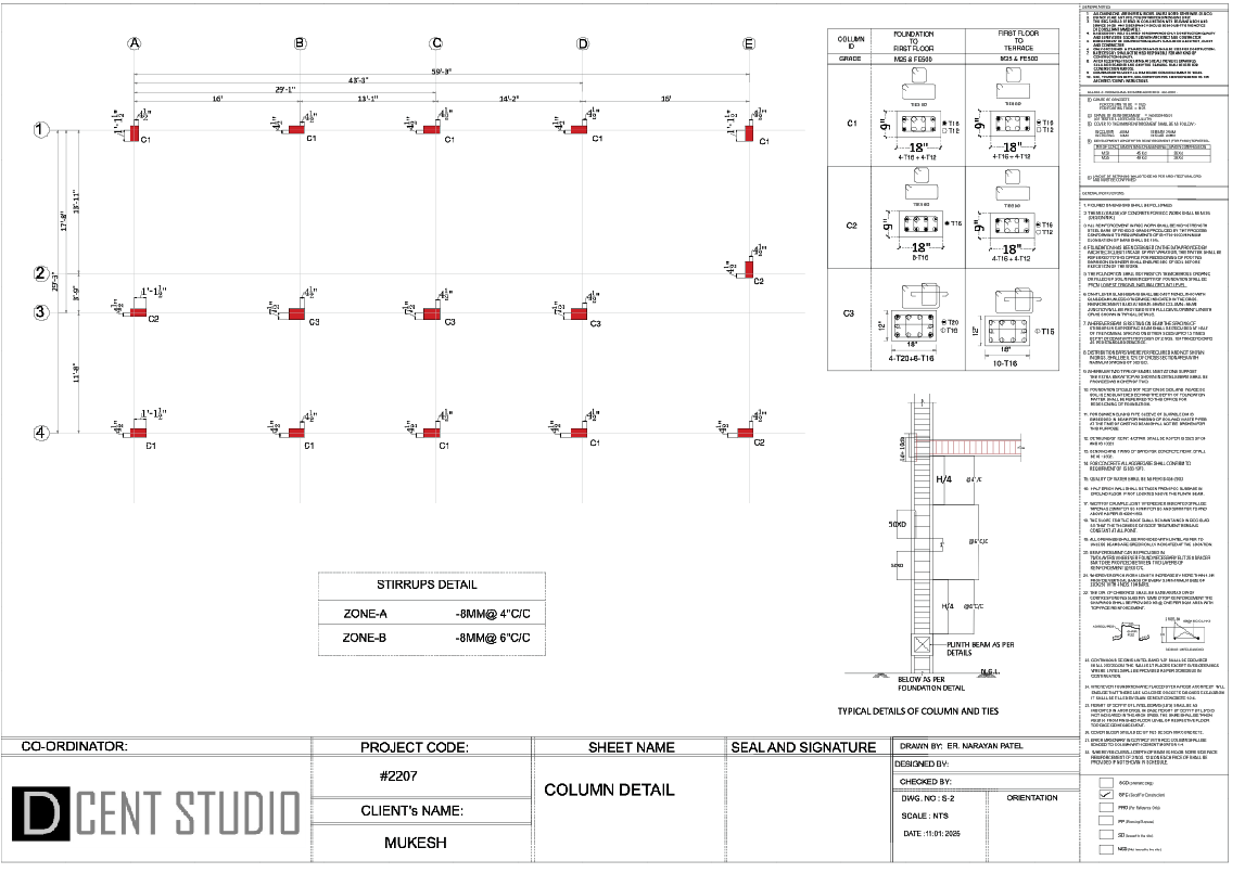 Structural Column Layout And Reinforcement Detail With 18 Inch Section