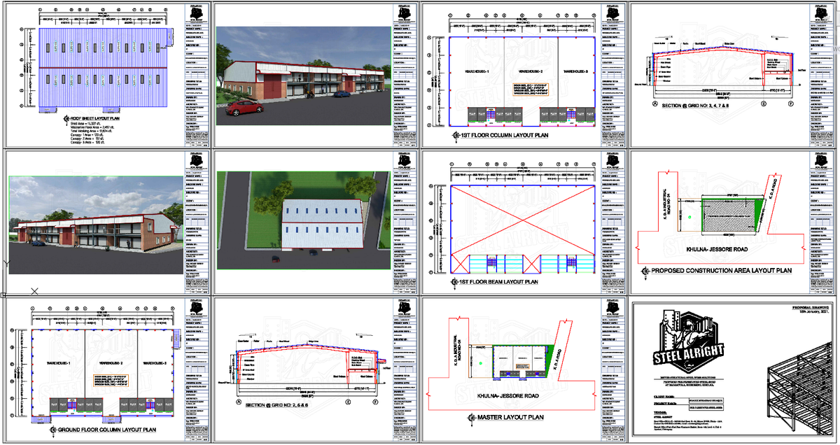 Industrial Warehouse Steel Structure AutoCAD DWG with Roof Layout