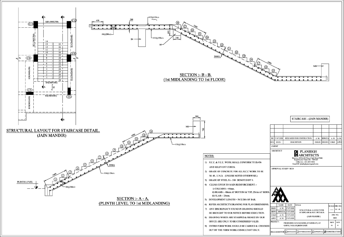 Structural Staircase Layout DWG with RCC Sections for Jain Mandir