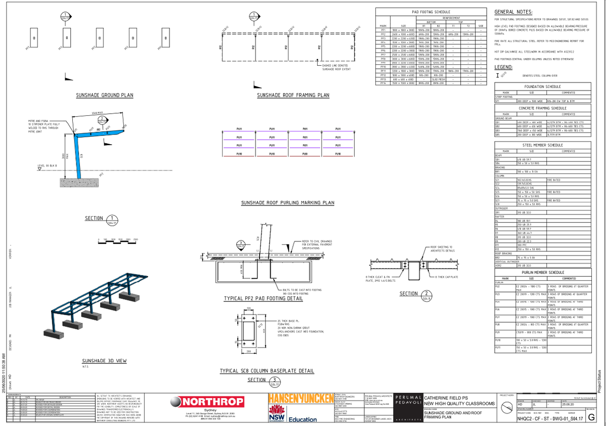 Sunshade Ground And Roof Framing Plan With Pad Footing Details