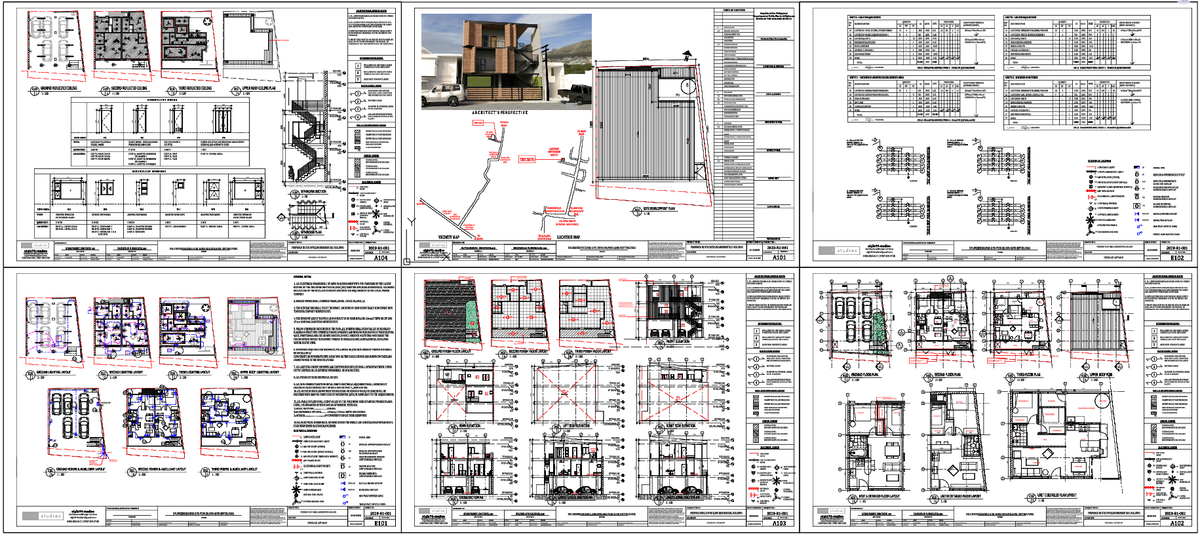 Three-Level Residential Building Plan with Sections and Elevations DWG