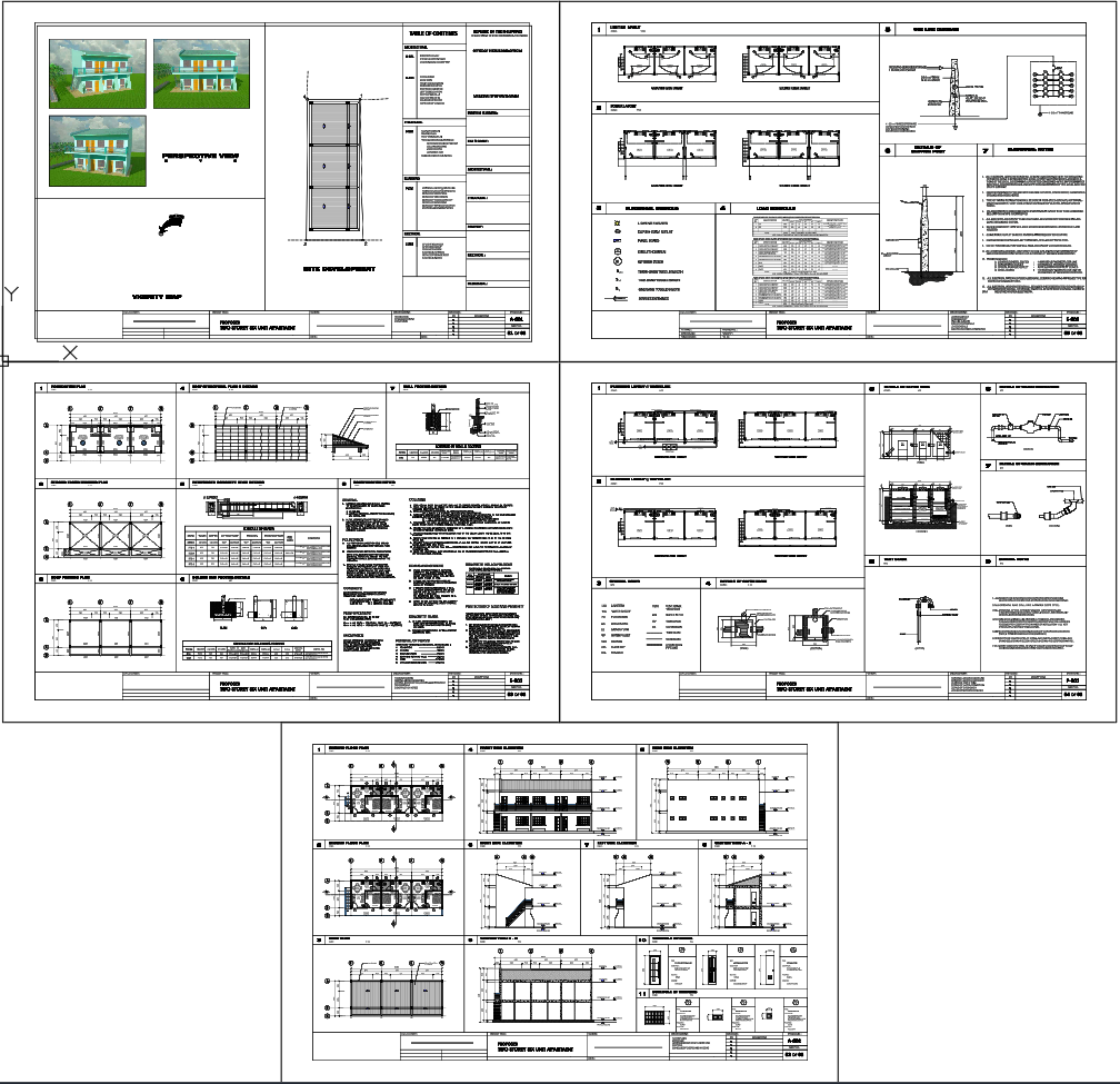 Two-storey apartment layout with site plan and structural details DWG