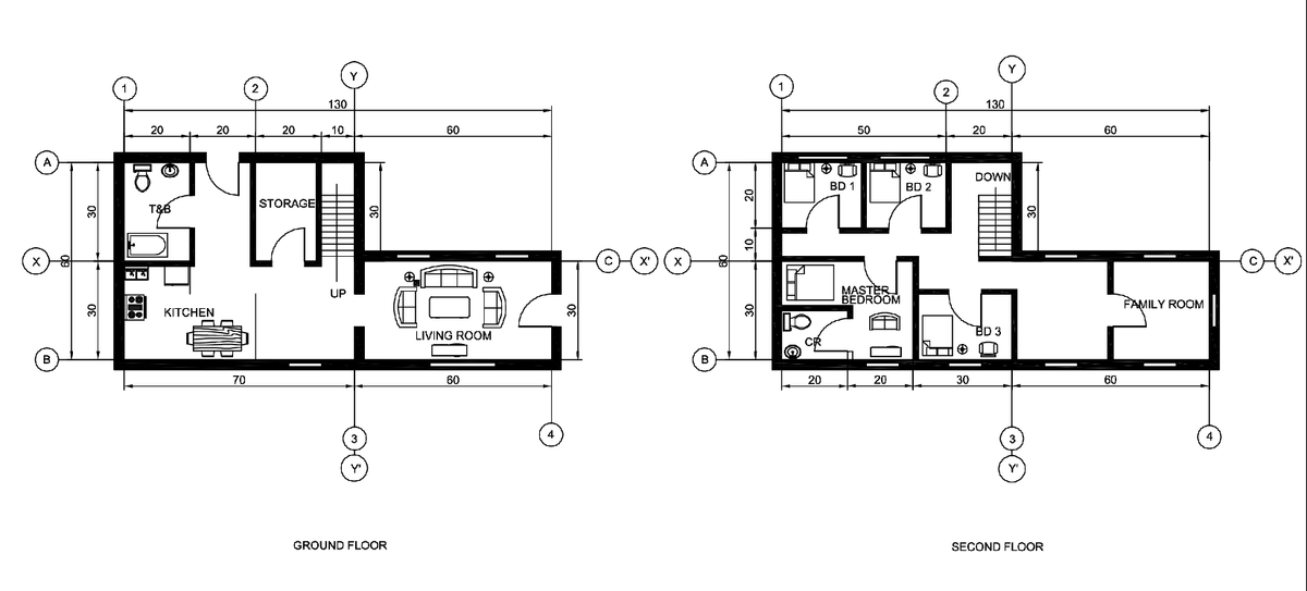 Two Storey Residential Building Floor Plan With Dimensions DWG File