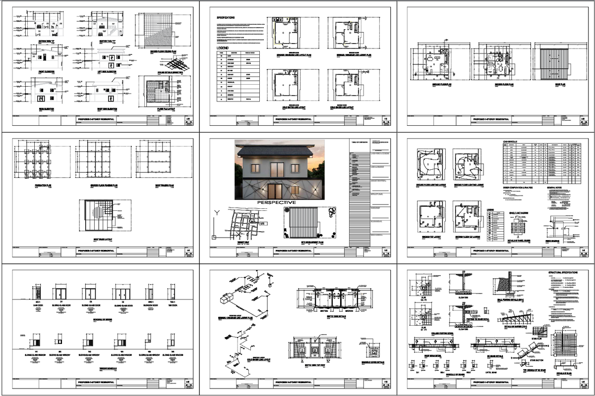 Two Storey Residential CAD Plan with Floor Layouts and Elevation Set