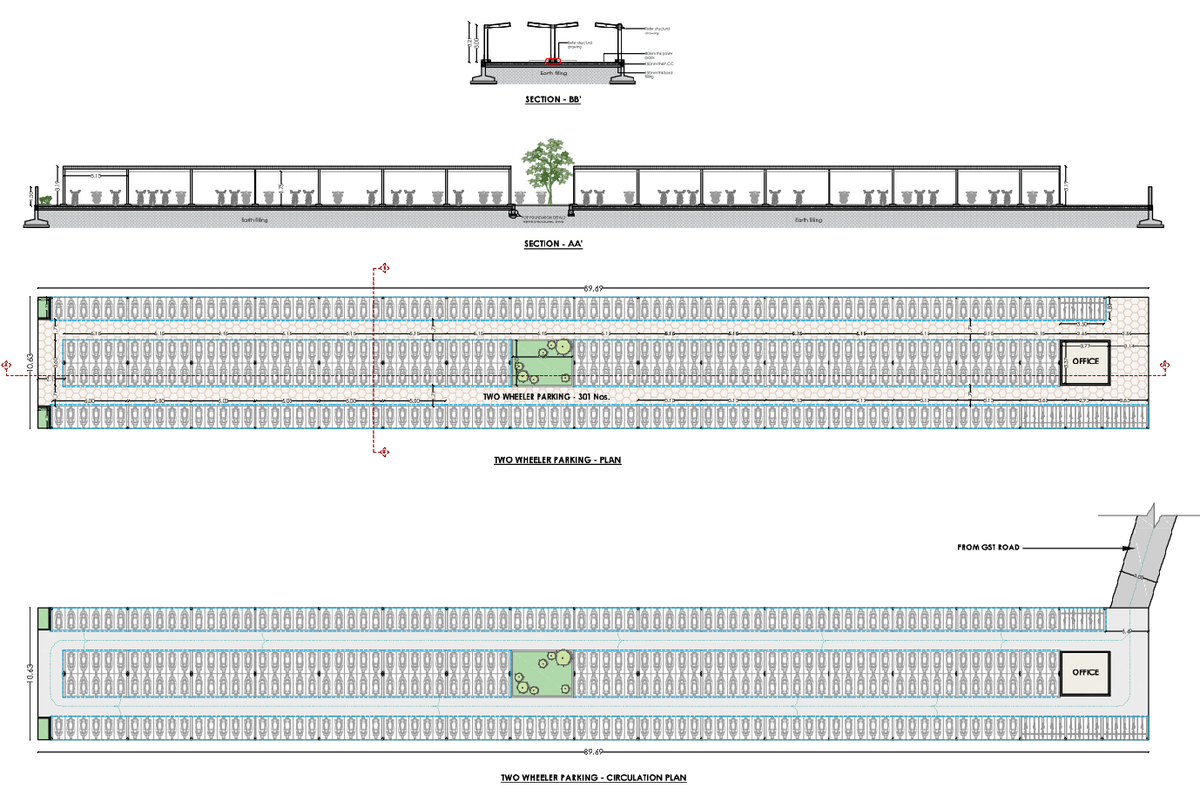 Public Two Wheeler Parking Layout and Circulation Plan With Sections