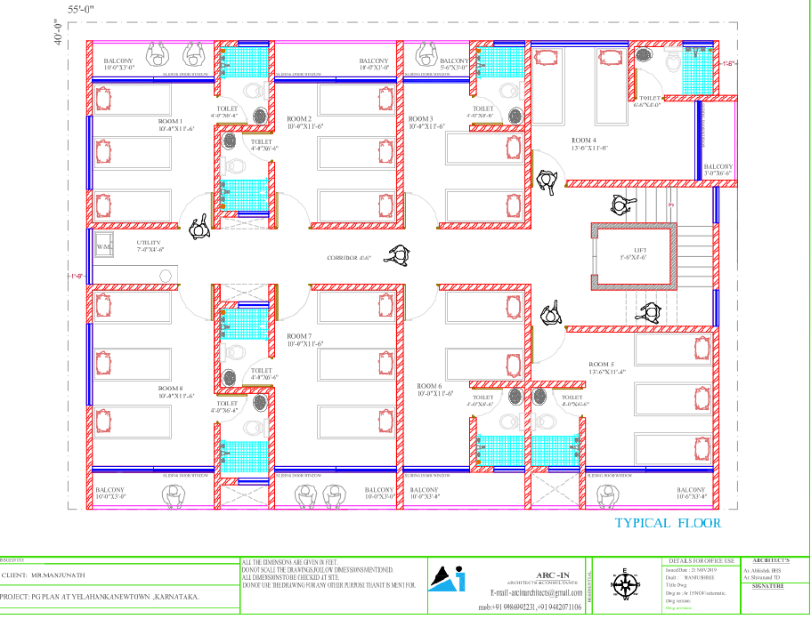 Typical Floor Residential Plan 55ft by 40ft with Rooms, Balconies