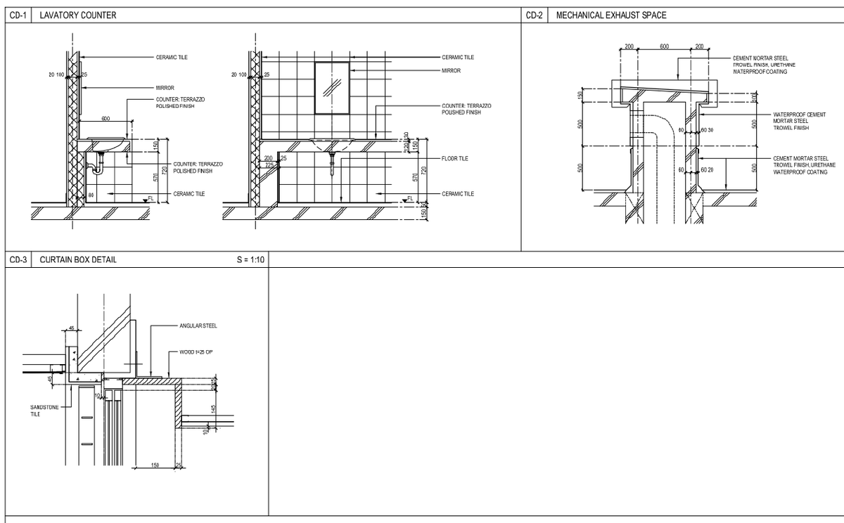Bathroom detail drawings with lavatory counter exhaust curtain box