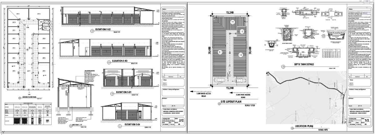 Commercial Shops Ground Floor Plan with Elevations and Section Drawing