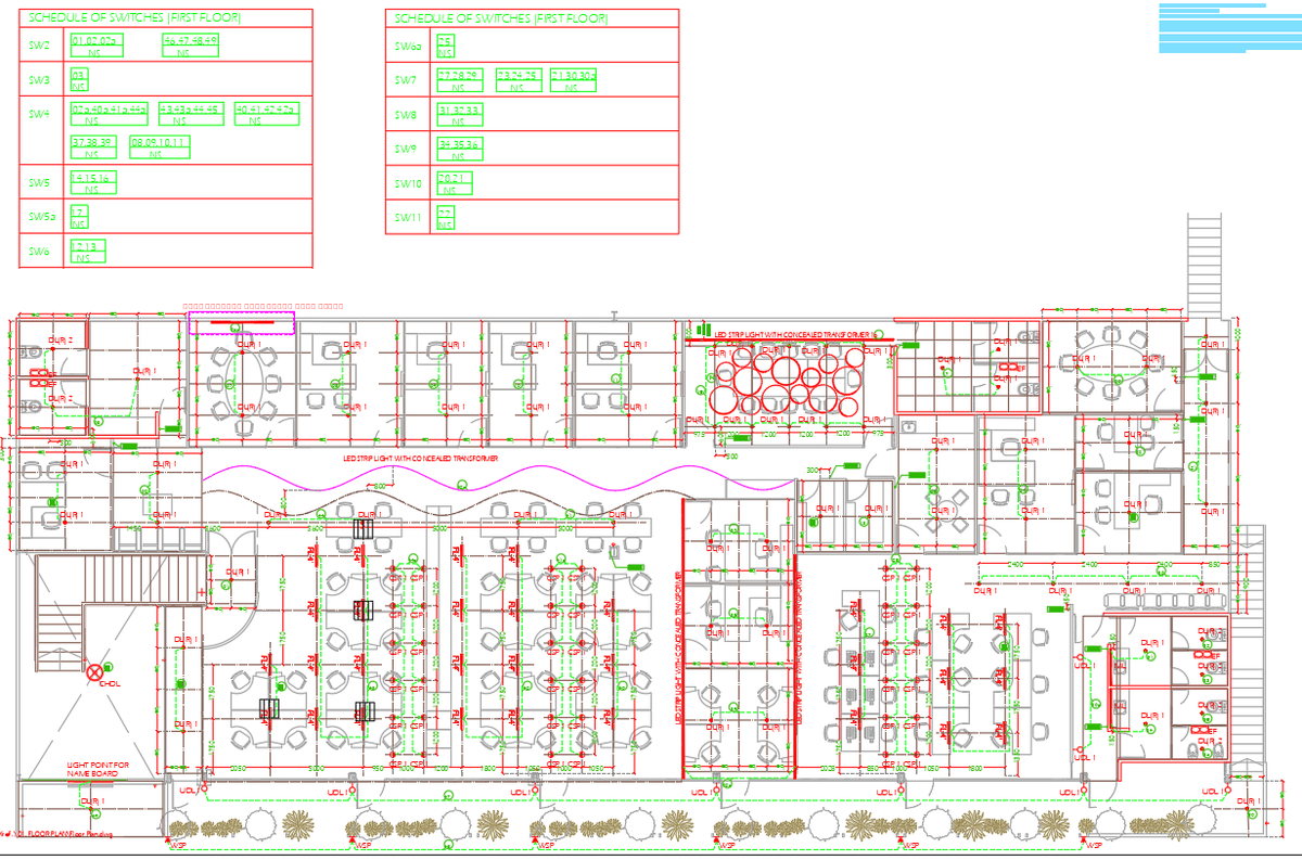 Corporate Office Electrical Lighting Drawing with Switch Schedule