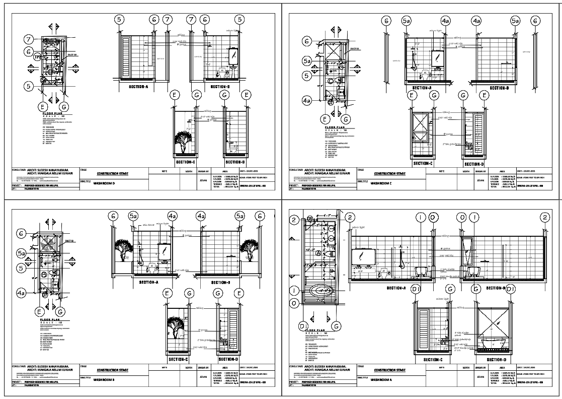 Detailed Washroom Layout with Section Views and Precise Measurements