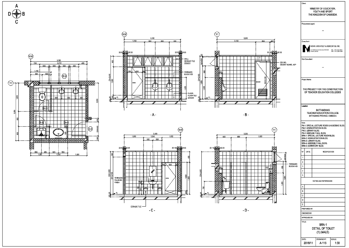 Male Toilet Layout Drawing with 3180x3250mm Sections and Tile Details